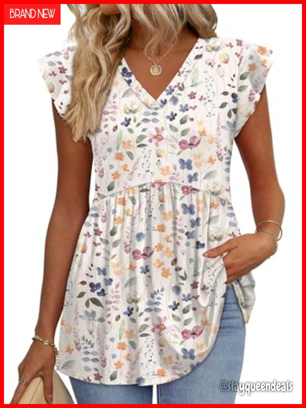 Womens V Neck Babydoll Top Ruffle Sleeve Flowy Tummy Hiding Casual Blouse